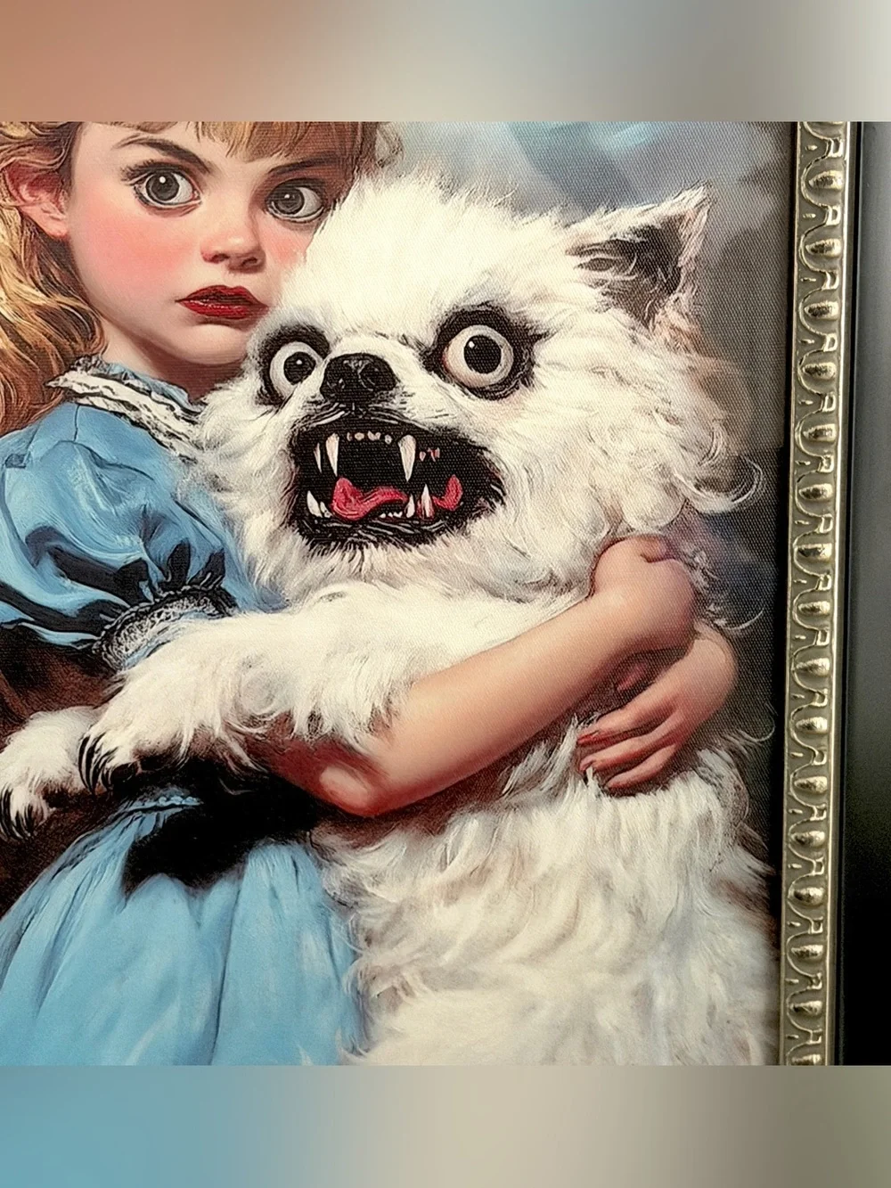 Surreal Spooky Whimsical Girl w/ Dog Scary Canvas Art Print Vintage Framed 12x22